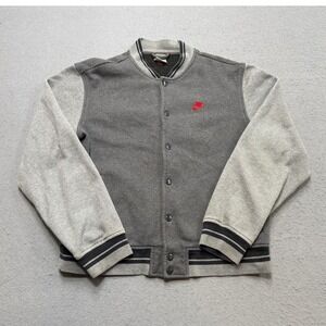 Y2K Nike Jacket Men's Medium Gray Silver Tag Varsity Bomber Fleece Snap Front